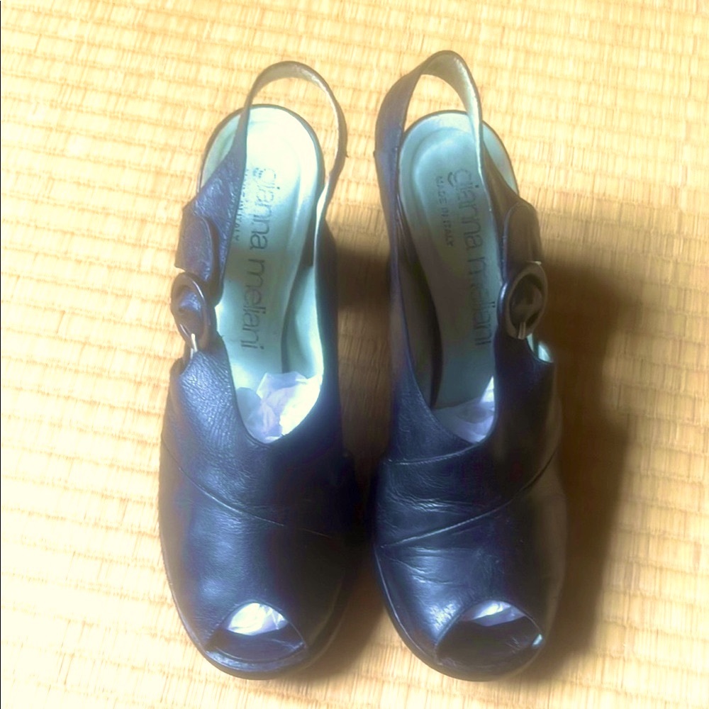Gianna Meliani black sling back, peep toe, heeled sandals.
